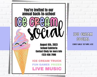 Colorful Ice Cream Social Flyer TEMPLATE, Summer flyer, Summer fundraiser, PTA PTO Flyers, Fundraiser flyer, Sundae Flyer