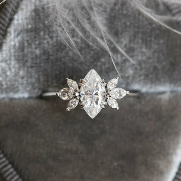Marquise Moissanite Floral Ring: Sterling Silver Anniversary Ring