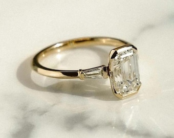 14kt Solid Gold 3ct Emerald Moissanite Diamond Solitaire Anniversary Engagement Wedding Ring Three Stone Baguette Moissanite Ring