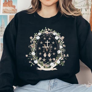 Marian Catholic Sweatshirt, Virgin Mary Hoodie, Catholic gift for women, Catholic T-shirt, Marian Cross Shirt, Floral Women Religious Shirts