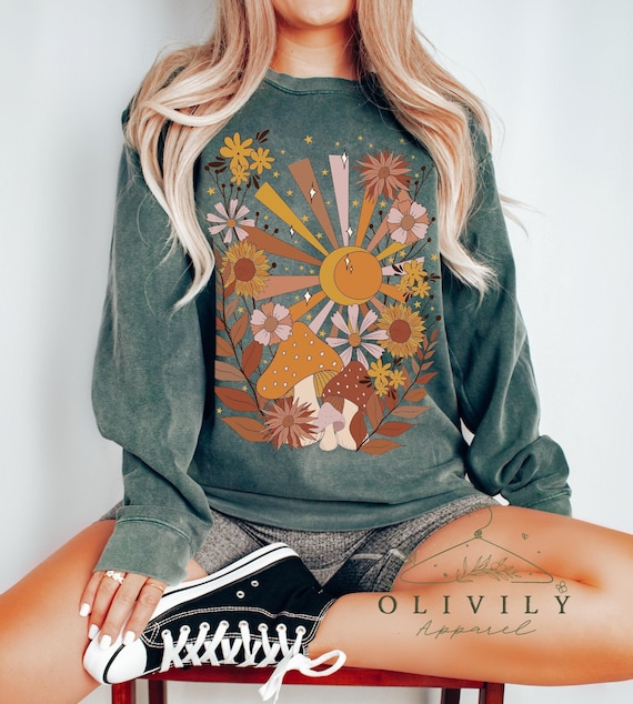 Mushroom Celestial Sweatshirt, Comfort Colors Boho Floral Tee