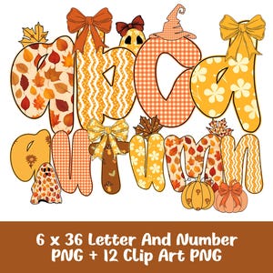 Peut inclure: Une conception numérique colorée avec le mot "Autumn" et les lettres "ABC" sur le thème de l'automne. Les lettres sont décorées de feuilles, de citrouilles et de nœuds. Le design comprend un fantôme et un chapeau de sorcière. Le texte en bas indique "6 x 36 Letter And Number PNG + 12 Clip Art PNG."