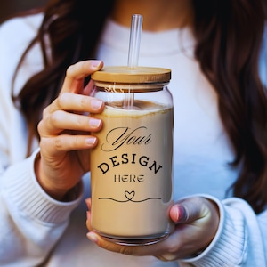 Libbey Glass Can Tumbler Mockup, Bamboo Lid, Straw (Digital Download)