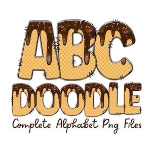 May include: A set of alphabet letters in a waffle cone design with chocolate icing and sprinkles. The letters spell out "ABC DOODLE" and the text "Complete Alphabet Png Files" is below the letters.