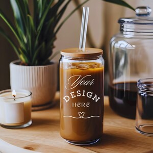 Libbey Glass Can Tumbler Mockup, Bamboo Lid, Straw (Digital Download)