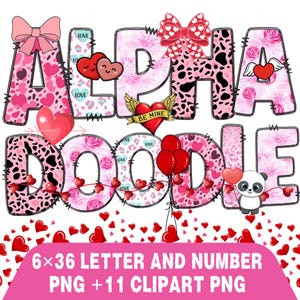 Letras de San Valentín con garabatos de leopardo, alfabeto rosa para el día de San Valentín, letras de amor PNG, San Valentín, paquete de sublimación PNG, garabatos de San Valentín PNG