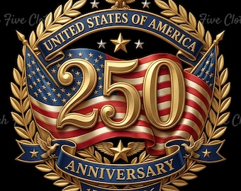 May include: A patriotic emblem celebrating the 250th anniversary of the United States of America. The design features the American flag, gold lettering, and the text "United States of America" and "Anniversary 1776-2026" on a black background.