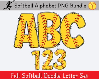 Softball Doodle Alphabet PNG Bundle, Sports Font (Digital Download)