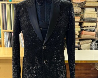 Black Hand embroidered Tuxedo suit,  zari golden work tuxedo suit, Hand Embroidered Designer Tuxedo suit, Indian wedding suit, custom size