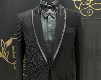 Black Hand embroidered Tuxedo suit, black crystal work tuxedo suit, Hand Embroidered Designer Tuxedo suit, mens wedding suit, custom tuxedo