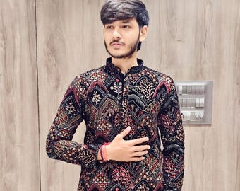 Black Designer Chikankari regular fit men's kurta set, Men embroidered kurta, Men Lucknawi kurta, Kurta for diwali, Indian Kurta pajama Set