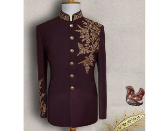 Wine Zari handwork Embroidered Sherwani for Men, Jodhpuri Wedding Sherwani, Premium Indian Wedding Dress, Customisable Sherwani, bandhgala