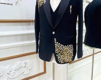 Black Hand embroidered Tuxedo suit,  crystal work black tuxedo suit, Hand Embroidered Designer Tuxedo suit, Indian wedding suit, proms suit