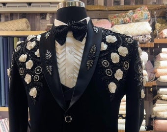 Black Hand embroidered Tuxedo suit,  zari golden work tuxedo suit, Hand Embroidered Designer Tuxedo suit, Indian wedding suit, custom size