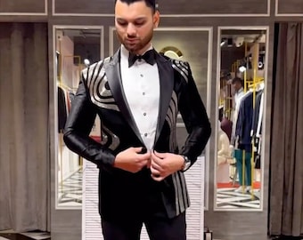 Black Hand embroidered Tuxedo suit, black sequence work tuxedo suit, Hand Embroidered Designer Tuxedo suit, mens wedding suit, custom tuxedo