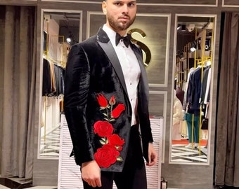 Black floral Tuxedo suit, men's designer tuxedo suit, velvet Designer Tuxedo suit, Indian wedding suit, custom size men's suit