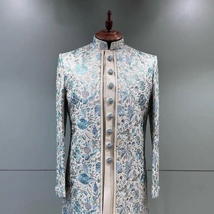 Arctic blue sherwani for men, Jodhpuri Embroidered Sherwani, Jodhpuri Suit, mens shrug set, Wedding Sherwani Men, groom wedding outfit