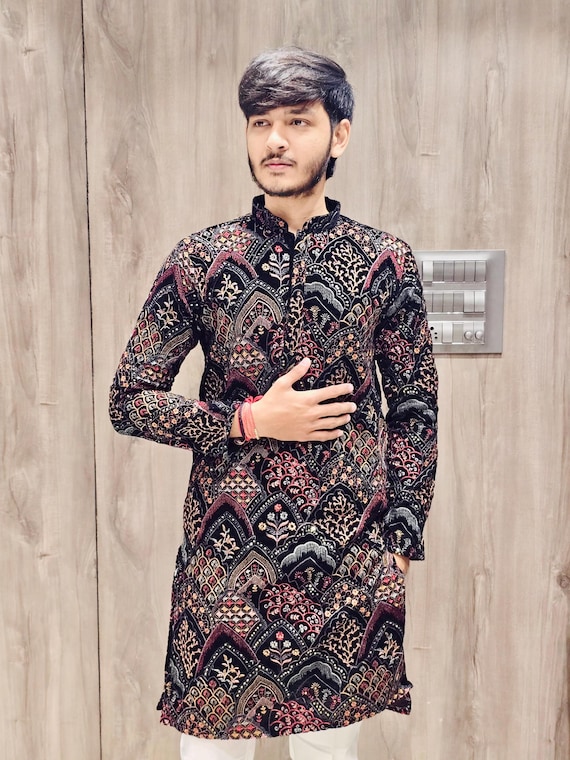 Black Designer Chikankari regular fit men's kurta set, Men embroidered kurta, Men Lucknawi kurta, Kurta for diwali, Indian Kurta pajama Set