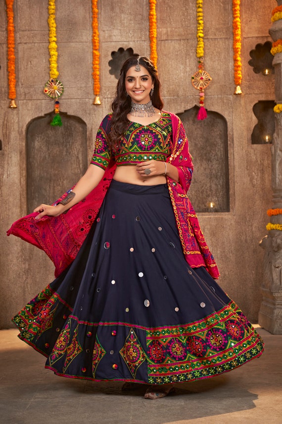 Black Faux Georgette Real Mirror Embroidery Work Lehenga Choli