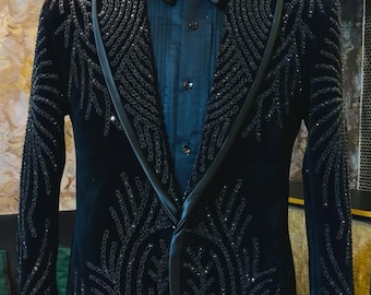 Black Hand embroidered Tuxedo suit,  tuxedo for groom, Hand Embroidered Designer Tuxedo suit, Indian wedding suit, prom tuxedo,  tuxedo