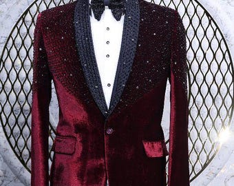 Traje de esmoquin granate bordado a mano, traje de esmoquin negro con detalles de cristal, traje de esmoquin de diseñador bordado, traje de boda indio, traje de graduación