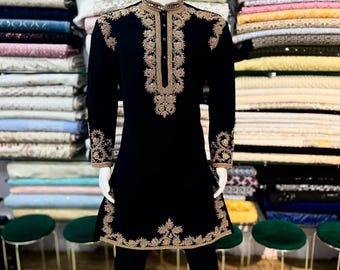 Black Designer regular fit men's kurta set, Men hand embroidered kurta, Men Lucknawi kurta, Kurta for diwali, Indian Kurta pajama Set