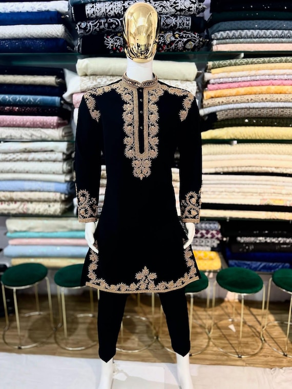 Black Designer regular fit men's kurta set, Men hand embroidered kurta, Men Lucknawi kurta, Kurta for diwali, Indian Kurta pajama Set