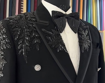 Black Hand embroidered Tuxedo suit,  crystal work black tuxedo suit, Hand Embroidered Designer Tuxedo suit, Indian wedding suit, proms suit