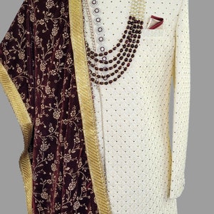 Cream Sherwani for Men, Sherwani with Pagdi, Wedding sherwani with Shawl, Indian Groom Sherwani, Diwali Outfit, Groomsmen wear,Made to Order
