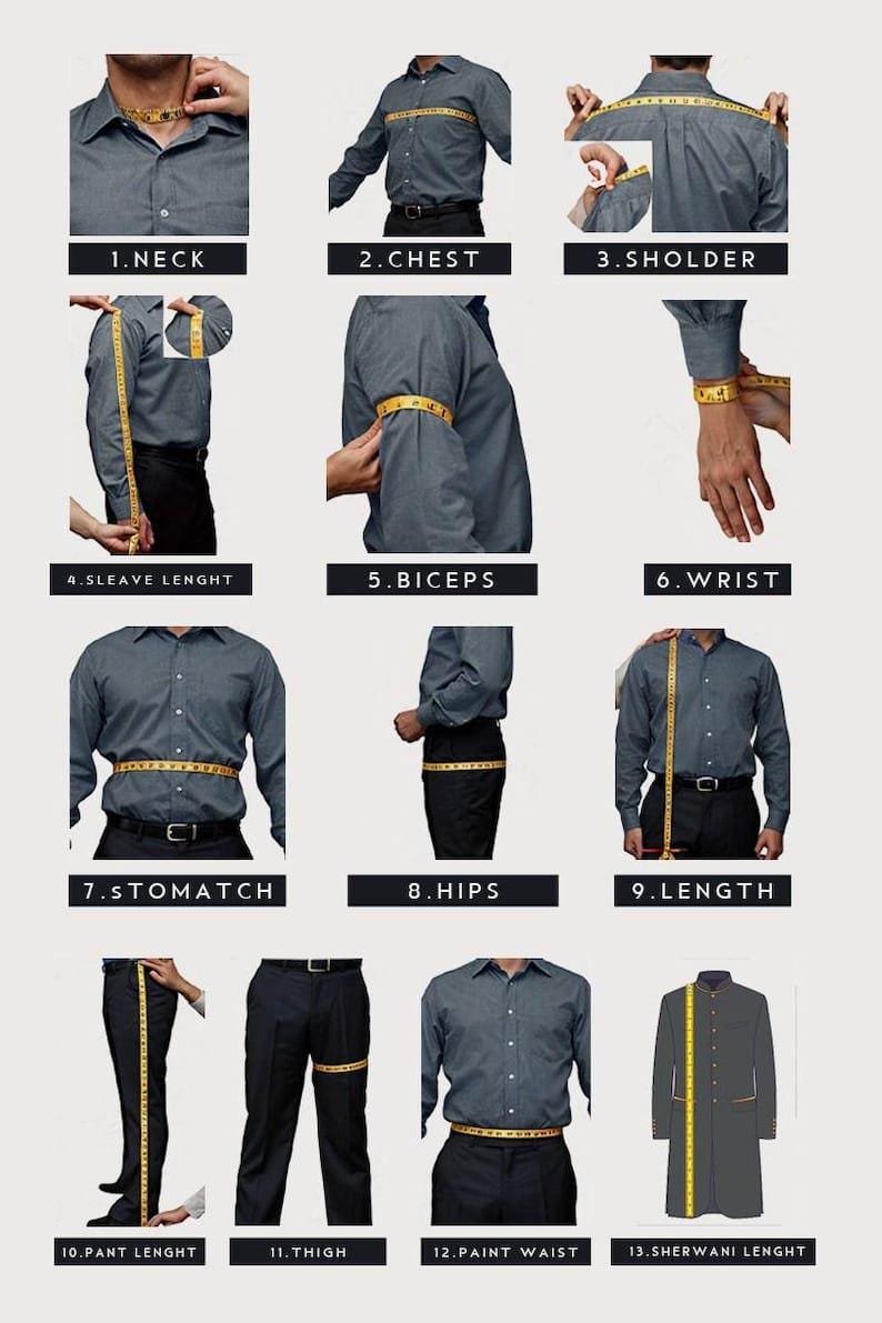 Puede incluir: Imagen que muestra c&oacute;mo medir varias partes del cuerpo para la ropa. Las medidas incluyen cuello, pecho, hombro, largo de manga, b&iacute;ceps, mu&ntilde;eca, est&oacute;mago, caderas, largo, largo de pantal&oacute;n, muslo, cintura y largo de sherwani.