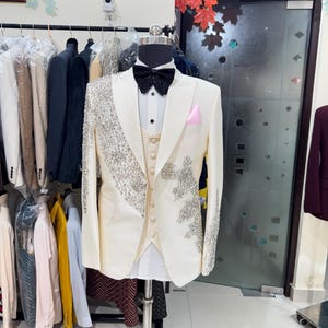 Ivory Hand embroidered Tuxedo suit,  crystal work tuxedo suit, Hand Embroidered Tuxedo suit, nigerian wedding suit, ivory diamond suit