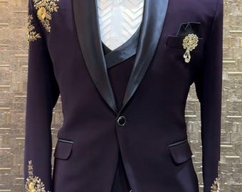 Burgundy Hand embroidered Tuxedo suit,  crystal work black tuxedo suit, Hand Embroidered Designer Tuxedo suit, wedding suit, proms suit