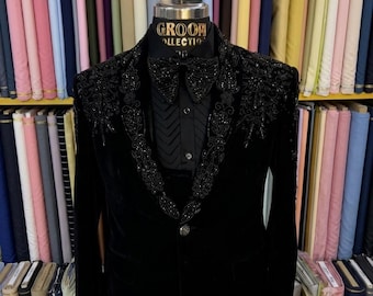 Costume de smoking noir brodé à la main, smoking noir orné de cristaux, smoking de créateur brodé à la main, costume de mariage indien, costume de bal de fin d'année