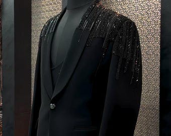 Black Hand embroidered Tuxedo suit,  zari golden work tuxedo suit, Hand Embroidered Designer Tuxedo suit, Indian wedding suit, custom size