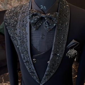 Black Hand embroidered Tuxedo suit,  crystal work black tuxedo suit, Hand Embroidered Designer Tuxedo suit, Indian wedding suit, proms suit