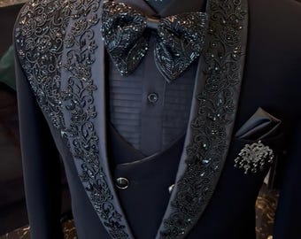 Black Hand embroidered Tuxedo suit,  crystal work black tuxedo suit, Hand Embroidered Designer Tuxedo suit, Indian wedding suit, proms suit