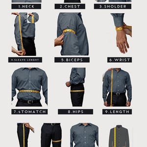 May include: Diagram showing how to measure different body parts for tailoring, including neck, chest, shoulder, sleeve length, biceps, wrist, stomach, hips, length, trouser length, thigh, trouser waist, and sherwani length.