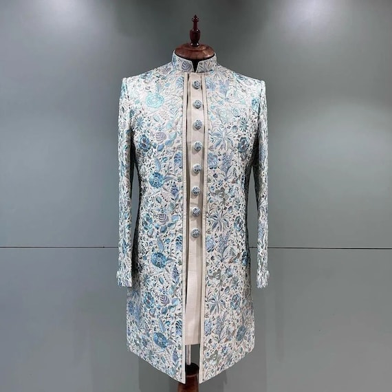 Arctic blue sherwani for men, Jodhpuri Embroidered Sherwani, Jodhpuri Suit, mens shrug set, Wedding Sherwani Men, groom wedding outfit