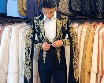 Sparkling Black Hand embroidered Tuxedo suit,  tuxedo for groom, Hand Embroidered Designer Tuxedo suit, Indian wedding suit, prom tuxedo