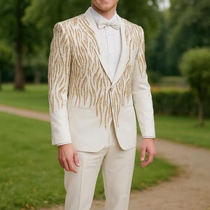 Ivory Hand embroidered Tuxedo suit,  crystal work tuxedo suit, Hand Embroidered Tuxedo suit, nigerian wedding suit, ivory diamond suit