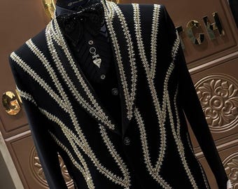 Royal Black Hand embroidered Tuxedo suit, zari golden work tuxedo suit, Hand Embroidered Designer Tuxedo suit, Indian wedding suit, tuxedo