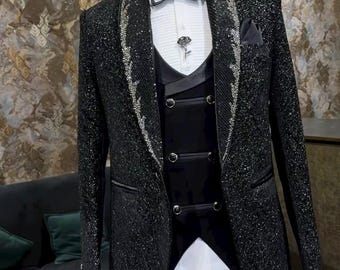 Sparkling Black Hand embroidered Tuxedo suit,  tuxedo for groom, Hand Embroidered Designer Tuxedo suit, Indian wedding suit, prom tuxedo