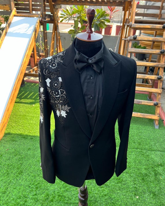 Black Hand Embroidered Tuxedo Suit, Zari Golden Work Tuxedo Suit 