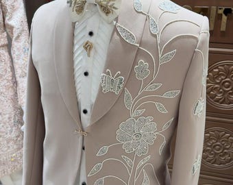 Beige floral Hand embroidered Tuxedo suit, crystal work black tuxedo suit, Hand Embroidered Designer Tuxedo suit, wedding suit, proms suit