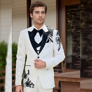 White Hand embroidered Tuxedo suit,  black cutdana work tuxedo suit, Hand Embroidered Designer Tuxedo suit, Indian wedding suit, proms suit
