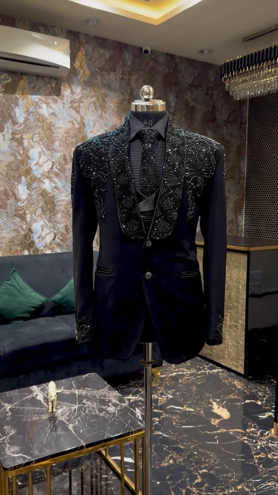 Black handwork Embroidered Tuxedo, Wedding Tuxedo, Premium Indian Wedding Dress, Men designer Customisable tuxedo suit, proms Outfit for Men