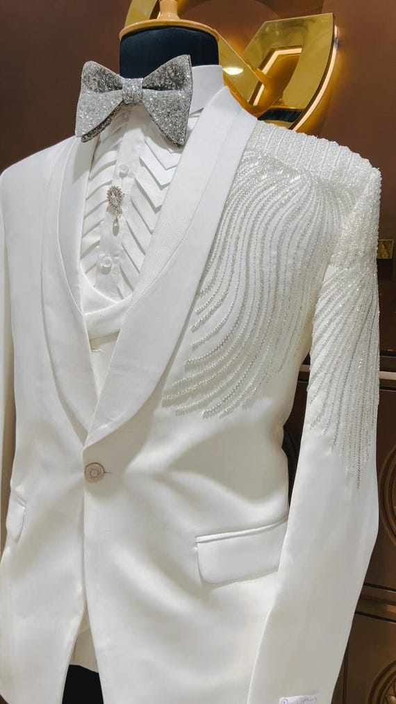 White Gold Sequin Wedding Tuxedo, Designer Groom Suit, Prom suit, Luxury Men's Party Wear, Embroidered Black Lapel Suit, Custom Jacket