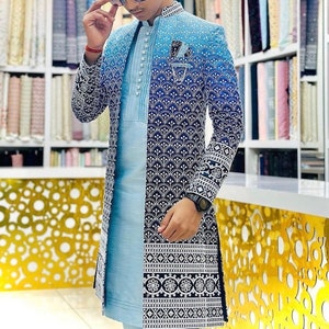 Blue Jodhpuri Suit for men, Jodhpuri Embroidered Sherwani for Men, Groom Bandhgala Set, Groomsmen Wear, Wedding Sherwani Men, Made to order