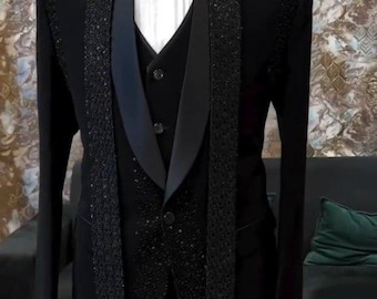 Black Hand embroidered Tuxedo suit,  tuxedo for groom, Hand Embroidered Designer Tuxedo suit, Indian wedding suit, prom tuxedo,  tuxedo