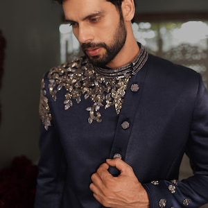 Blue Zari handwork Embroidered Sherwani for Men, Jodhpuri Wedding Sherwani, Premium Indian Wedding Dress, Customisable Sherwani, Made to ord